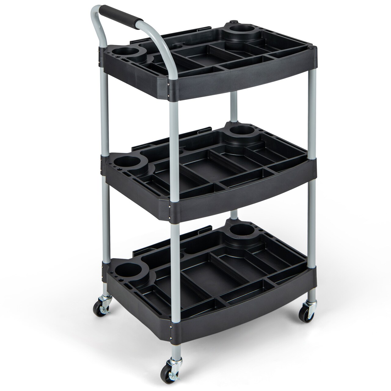 Black 3 Tier Rolling Tool Cart Metal Detailing Organizer Storage Cart with Wheels Utility Service Cart with Shelves Bottle Holders for Garage Salon Beauty Shop Home Use